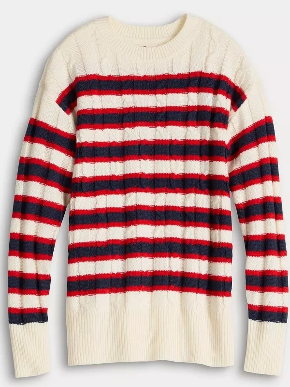 SO Cream Crewneck Sweater with Varsity Red and Navy Stripes Small